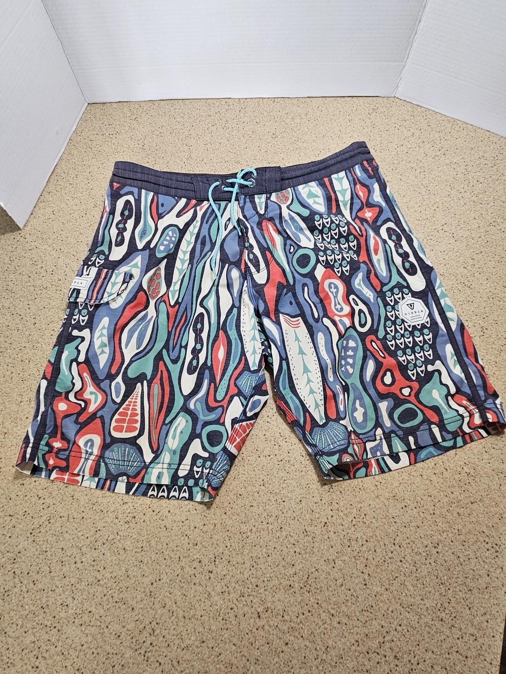 VISSLA Men's Multicolor Abstract Blue Red Swim Shorts